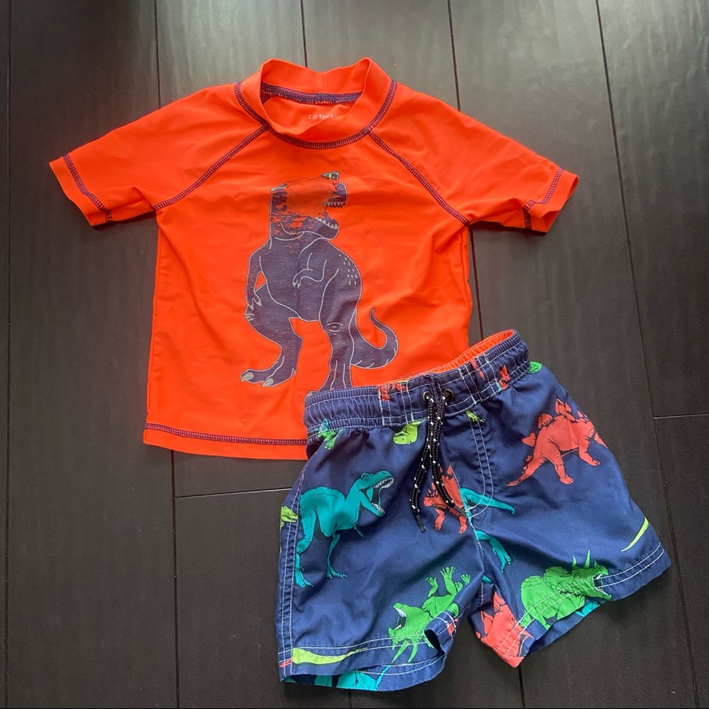 Carters toddler boy bright orange rash guard and dinosaur swim trunks size 18M
